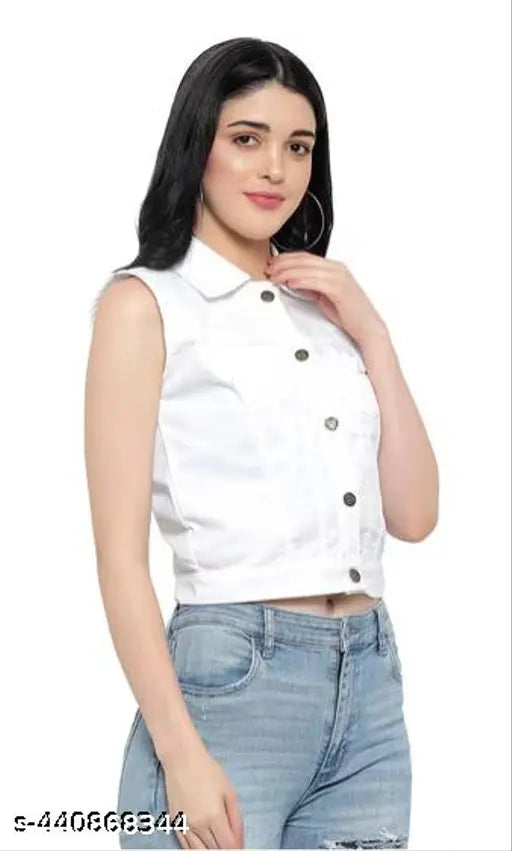 White sleeveless denim jacket for women, solid white fabric on model