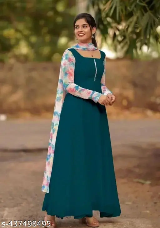 Pastel-shaded georgette rama gown with long sleeves, kurti and dupatta set, India origin