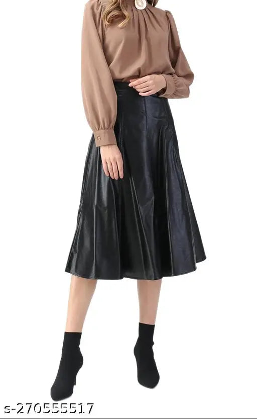 Dark brown leather mid-plain skirt with elastic waist and high waist, mini length, women's partywear bottom wear