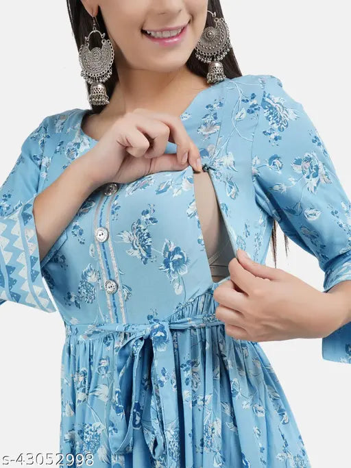 Blue floral embroidered maternity dress with tie front closure