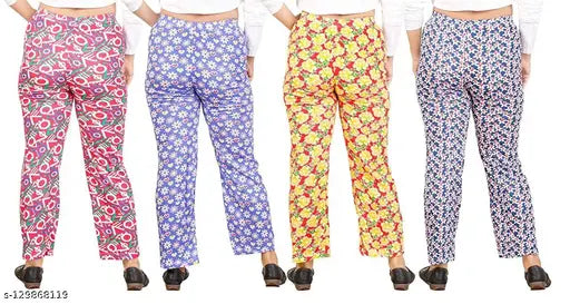 Lower pajama cotton track pants for women and girls, soft cotton night wear lounge wear printed with colorful patterns, pack of 4