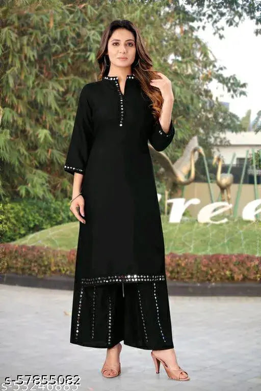 Red Rayon Ethnic Kurta with Palazzo, three-quarter sleeves, solid design, Indian mirror work
