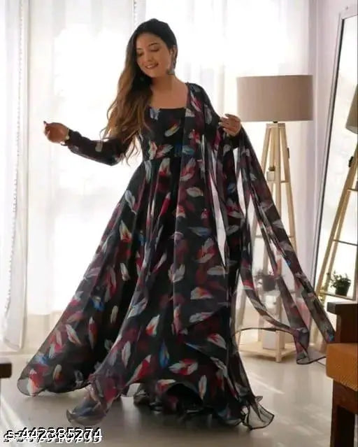 Georgette wine-toned bodycon dress with full net sleeves, trendy printed party wear for women