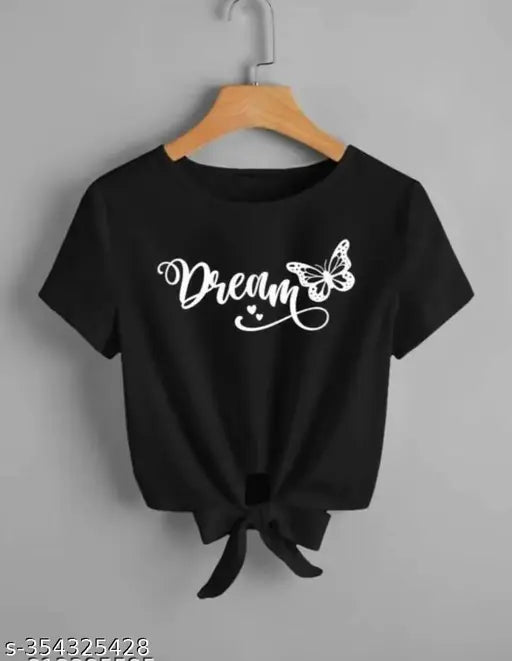Black crop top t-shirt with butterfly print for women & girls, made from Lycra. Short sleeves, trendy knot design