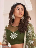 Dark green embroidered semi-stitched lehenga with free size, unstitched blouse and dupatta, India origin
