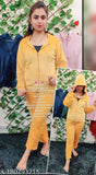 Yellow velvet women's track suit (M, 38in bust, 36in waist), stylish hoody with zipper, both side pockets, designer sleeves, super soft velvet fabric, comfortable fit, elegant craftsmanship, India-made