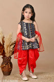 Blue and red printed rayon top, dhoti, and dupatta set for kids girls - embellished, sleeveless, breathable, India-made