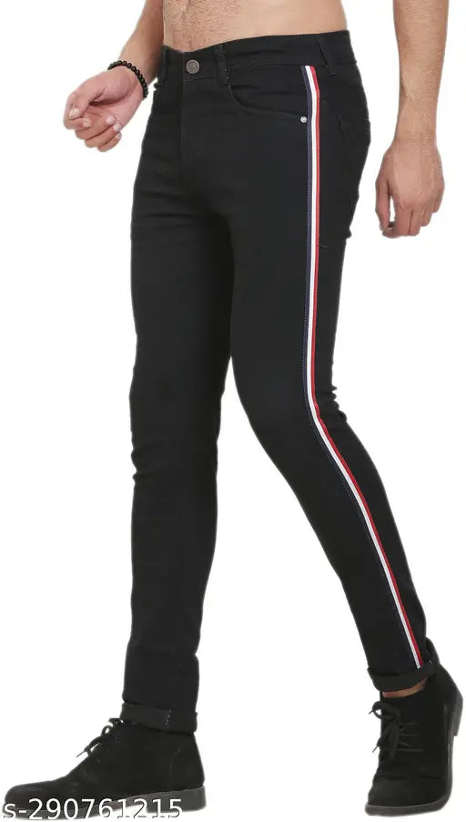 Sobbers men's black poly cotton side stripe jeans, stretchable and comfortable for casual or special occasions. Ideal for a smart look, available in sizes 28-36. Made in India