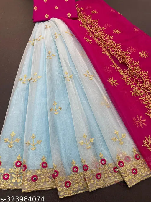 Fancy Dupion Silk Lehenga-Choli with Multithread Embroidery and Real Mirror Work, free size (Lehenga: 44in, Length: 43in, Dupatta: 2.5m)