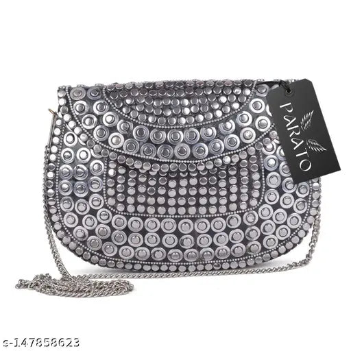 Silver beaded party clutch purse with metallic hardware