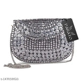 Silver beaded party clutch purse with metallic hardware