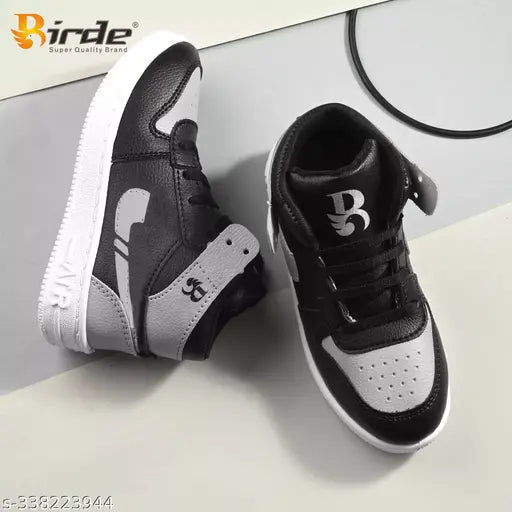 BIRDE Kids High Top Sneakers, Black with White and Gray accents, lightweight and comfortable for regular wear, casual shoes