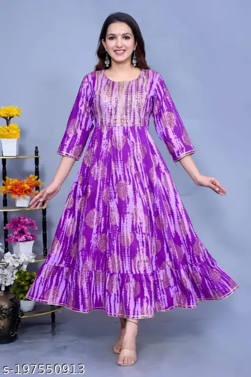 Rayon flared kurti with ethnic motif print and double print work, three-quarter sleeves, M size (bust 38 in), India origin