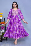 Rayon flared kurti with ethnic motif print and double print work, three-quarter sleeves, M size (bust 38 in), India origin