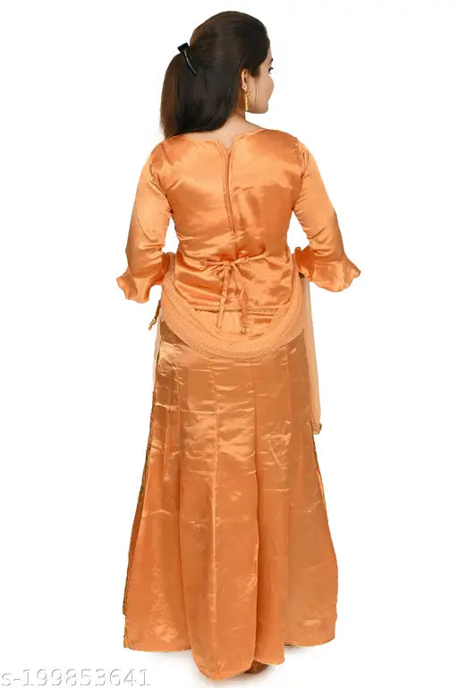 Trending satin lehenga choli set for girls, embroidered net dupatta with three-quarter sleeves, various sizes available (2-16 years)