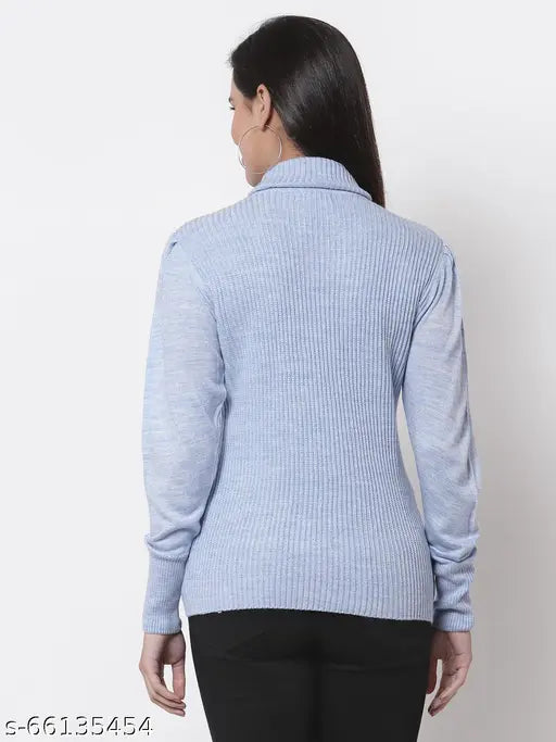 Blue acrylic solid ribbed turtleneck pullover, long sleeves for women, India