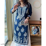 Rayon Chikankari work knee-length kurta set with palazzos, embroidered net fabric, three-quarter sleeves