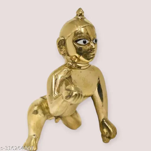 Pure brass Laddu Gopal Krishna Idol, 7cm x 7cm x 5cm Petal Murti, handcrafted in India