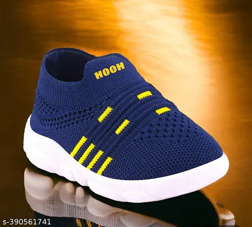 Blue athletic shoe with a yellow whistle and black soles
