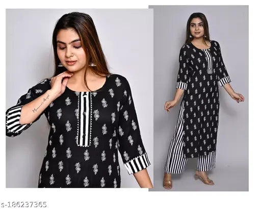 Black rayon straight kurti with plazzo set for women and girls, printed net design, pack of 2 (S, M & L sizes available)