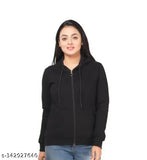 Black fleece long-sleeve zipped hoodie for women, stylish and cozy