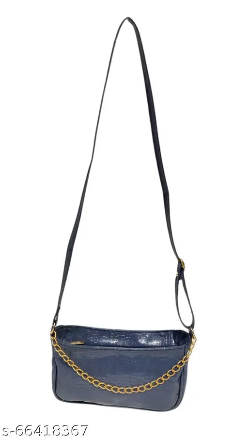 Dark blue sling handbag with chain strap, shoulder bag party wear
