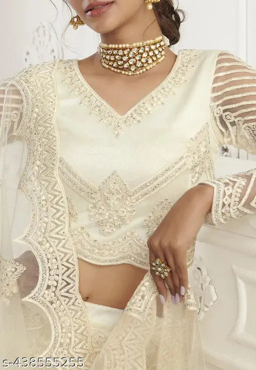Peach embroidered Alisha Petite women's Lehenga, choli, and dupatta set in net fabric. Free size, suitable for events and festivals. Handcrafted in India