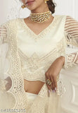 Peach embroidered Alisha Petite women's Lehenga, choli, and dupatta set in net fabric. Free size, suitable for events and festivals. Handcrafted in India