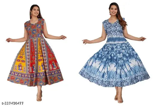 Two women's printed cotton sleeveless kurtis