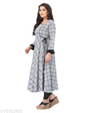 Denim check rayon long kurti in grey, ideal for festive and party wear