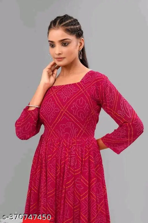 Bandhini Pink Georgette, three-quarter sleeve dress with printed combo, long knee-length skater style for women's fashion