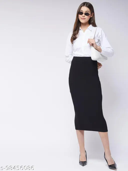 Solid polyester midi length stretchable skirt, versatile fit for women sizes 26-44, India origin