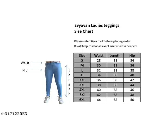 Denim jeggings for women, solid fabric, size 28/waist 28in, length 38in, hip 36in (India)