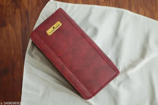 Maroon leather clutch wallet, gold zip closure, multiple card slots