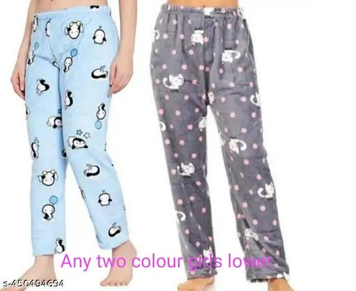 Lower two colorful winter pajamas with polka dots and a kitty print on legs