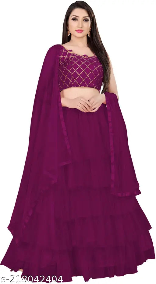 Embroidered ruffle semi-stitched satin lehenga & net dupatta set, free size. Indian bridal wear on display