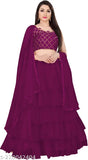 Embroidered ruffle semi-stitched satin lehenga & net dupatta set, free size. Indian bridal wear on display