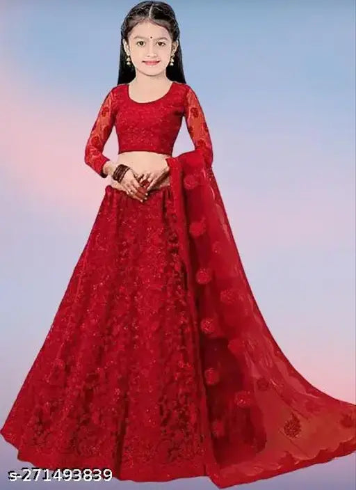 Deep creation girls net embroidered semi-stitched lehenga choli and dupatta set, Indian festival wedding wear