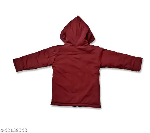 Red hooded jacket with visible drawstrings and a front zip closure