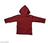 Red hooded jacket with visible drawstrings and a front zip closure