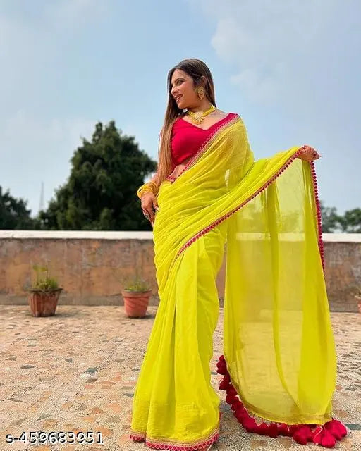Soft georgette saree with colorful Pink samosa lace, lemongreen Designer Latkan saree and pink blouse - Indian traditional attire in free size