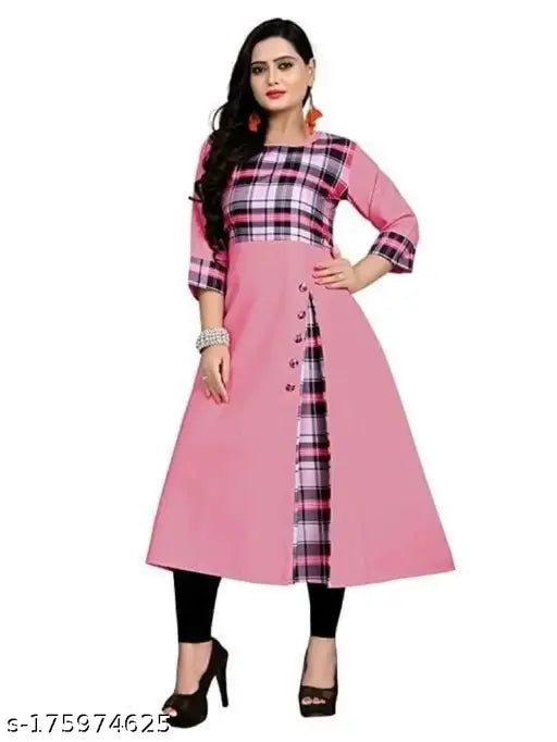 Pink plaid kurta with button details and knee length