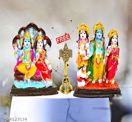 Marble Chaturbahu Vishnu statue with Lakshmi, Ram, Lakshman, and Puja ghanti bell - 3 piece premium home decor set from India (5 inch tall)