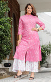 Printed rayon kurta set with palazzos, three-quarter sleeves, vibrant Vishakhha style on a woman model