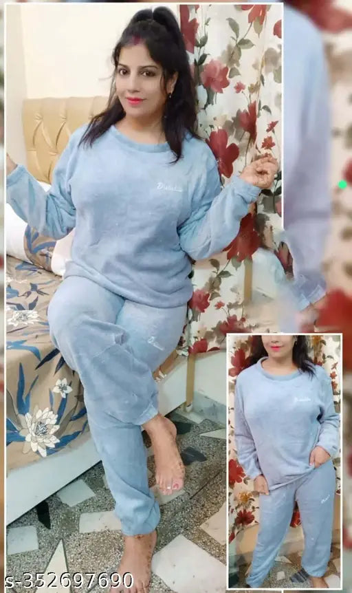 Women's winter wear fur fleece night suit, soft wool top and bottom in solid color, long sleeves, available in sizes M (38-25-30-36) & L (40-25-32-36)