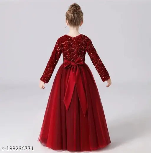 Red sequin work net full length gown dress for girls, embellished party wear for festive celebrations