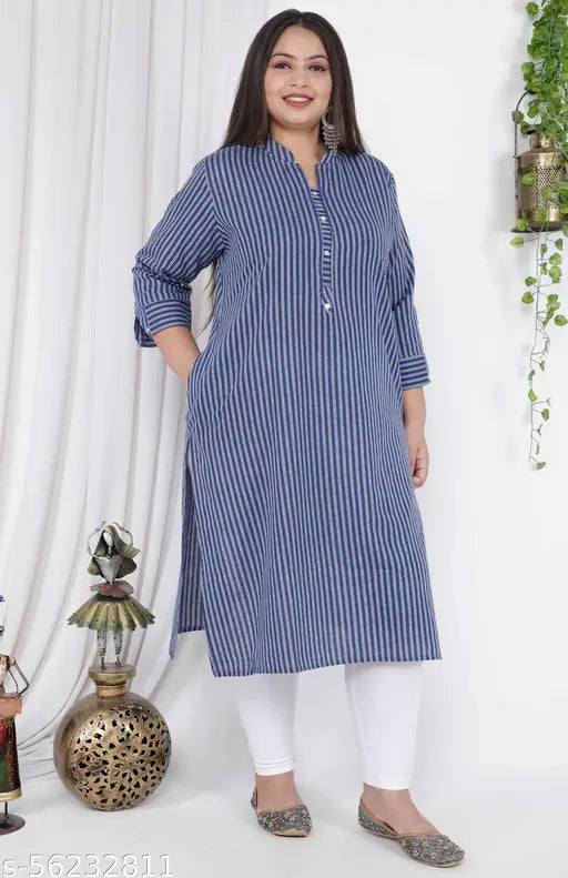 Big size striped cotton kurti for women, round collar neck, fancy buttons, pocket, hand-washable