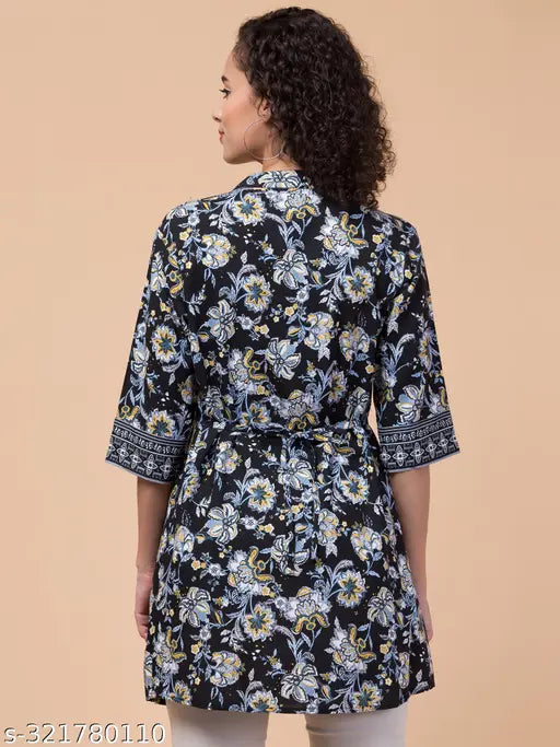 Rayon Black Grey Tunic with Mandarin Collar, three-quarter sleeves, full front button open, printed net pattern, size 34, origin India