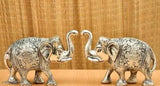 Silver-plated decorative metal elephant pair for Diwali/Puja decor, Indian craftsmanship, 7cm L x 10cm H x 16cm B