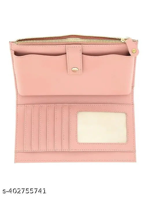 Hot pink clutch wallet with multiple card slots and a white tag
